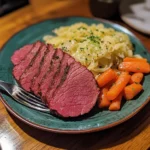 Sliced corned beef sous vide serving