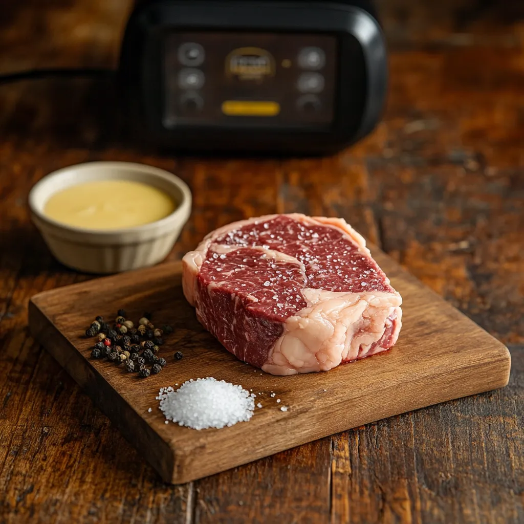 137 Ribeye Sous Vide – Amazing Medium-Rare Results in 3 Steps 7 Ribeye steak and sous vide ingredients on cutting board