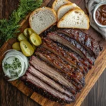 sliced 72-hour brisket served with pickles and bread