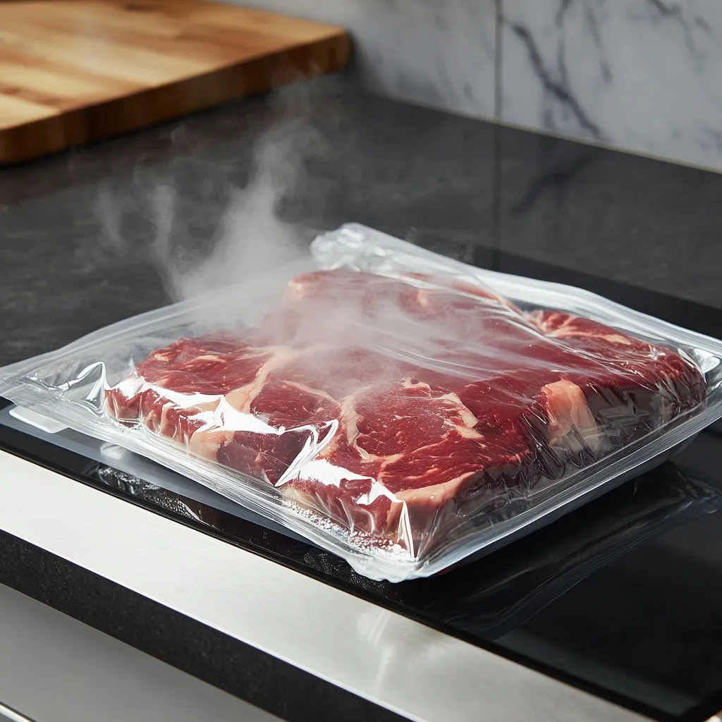 Picanha cooking sous vide in a water bath