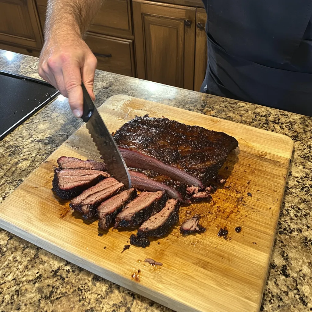 Sous Vide Corned Beef and Cabbage Recipe – Fall-Apart Tender in 10 Hours 9 Slicing brisket on cutting board