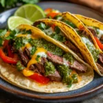 Assembled sous vide flank steak tacos ready to eat