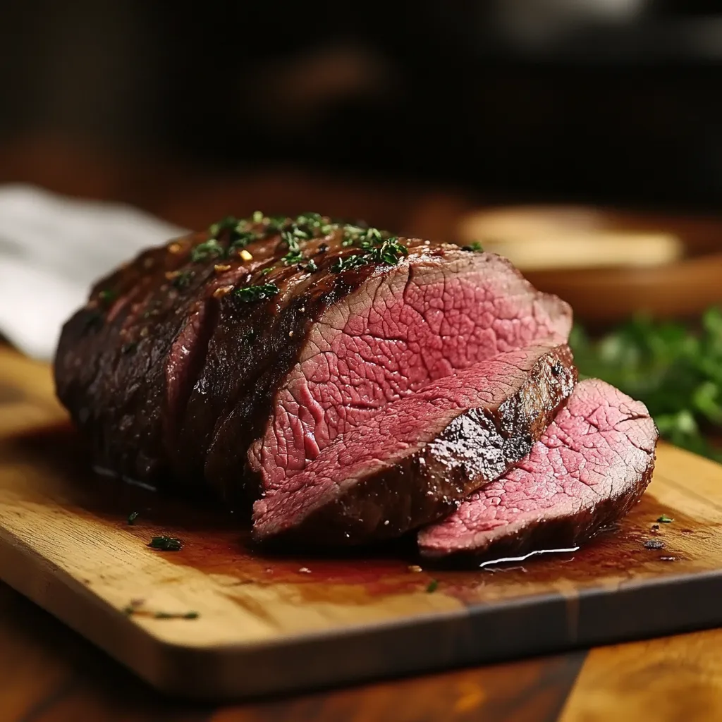 Beef sirloin tip roast sous vide sliced on board