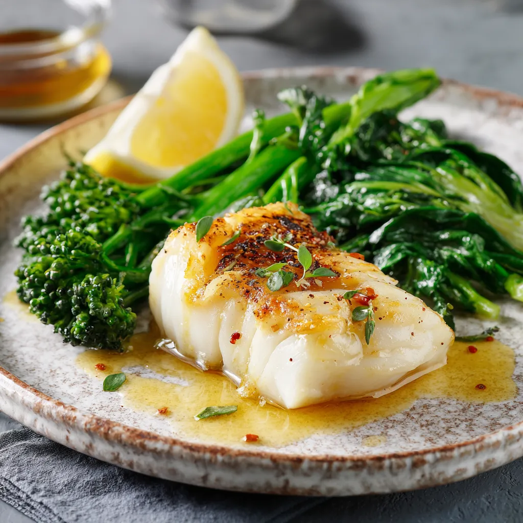 sous vide cod served with lemon and greens