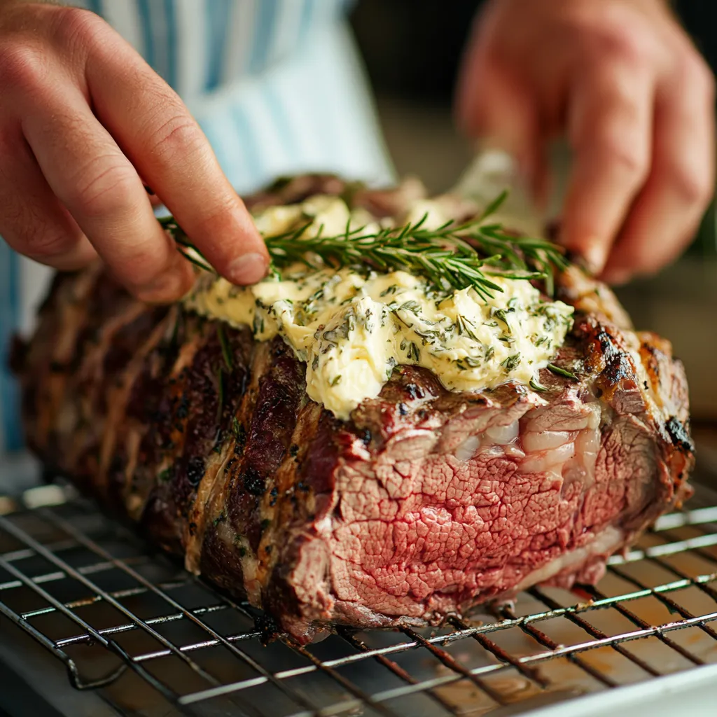 Sous Vide Prime Rib with Compound Butter – 5-Step Amazing Recipe 9 spreading compound butter on prime rib
