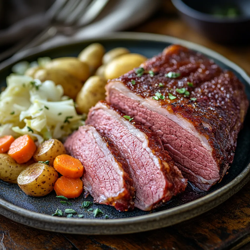 corned beef sous vide 24 hours served with vegetables