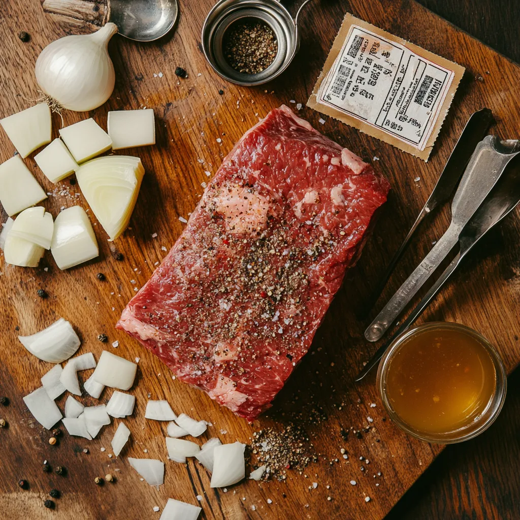 18hr Sous Vide Corned Beef That’s Tender, Juicy, and Packed With Flavor 7 Corned beef brisket with onion and beef stock ingredients