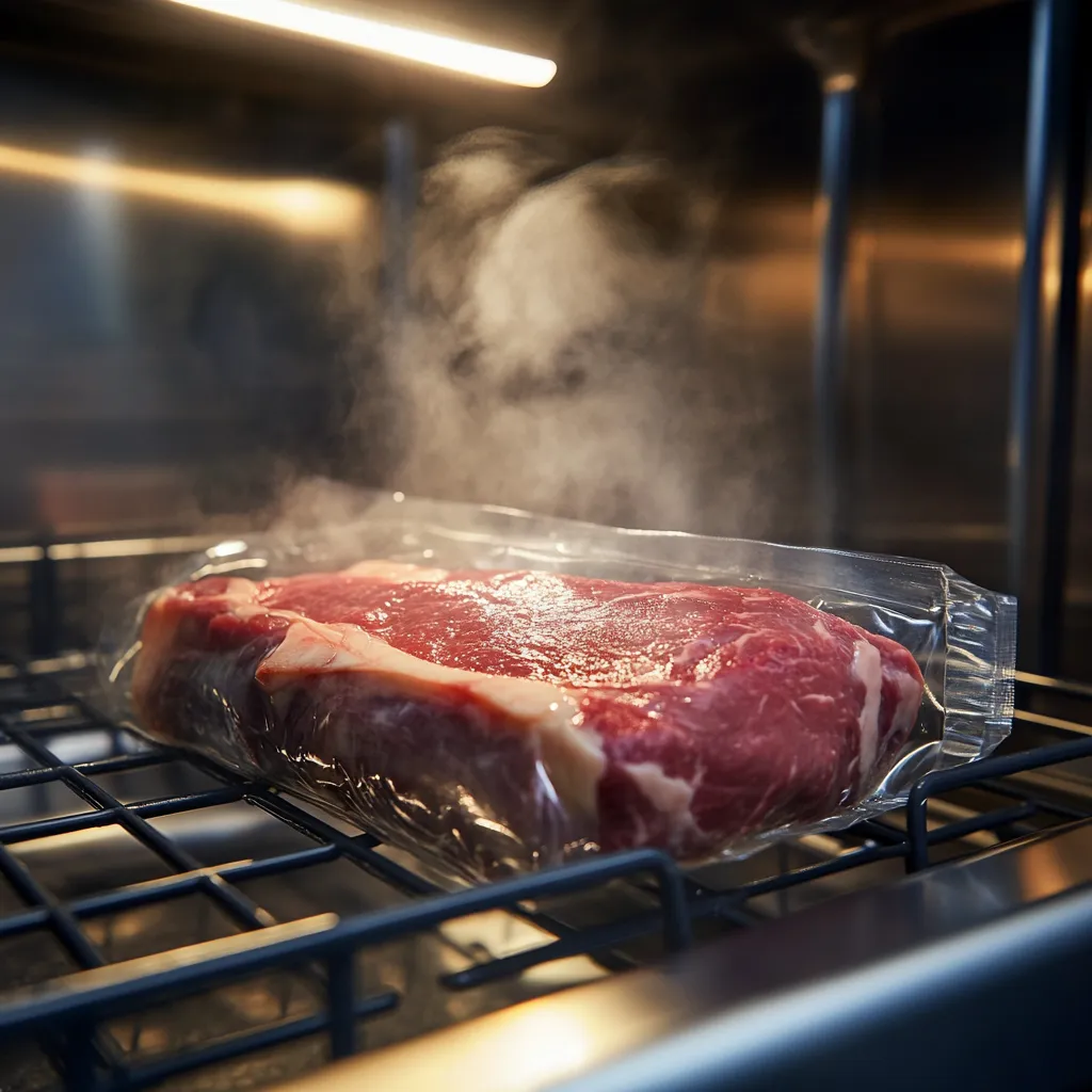 Dishwasher sous vide steak in vacuum bag inside dishwasher