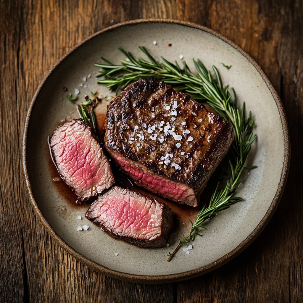 Filet sous vide without searing, sliced, tender pink steak on rustic plate
