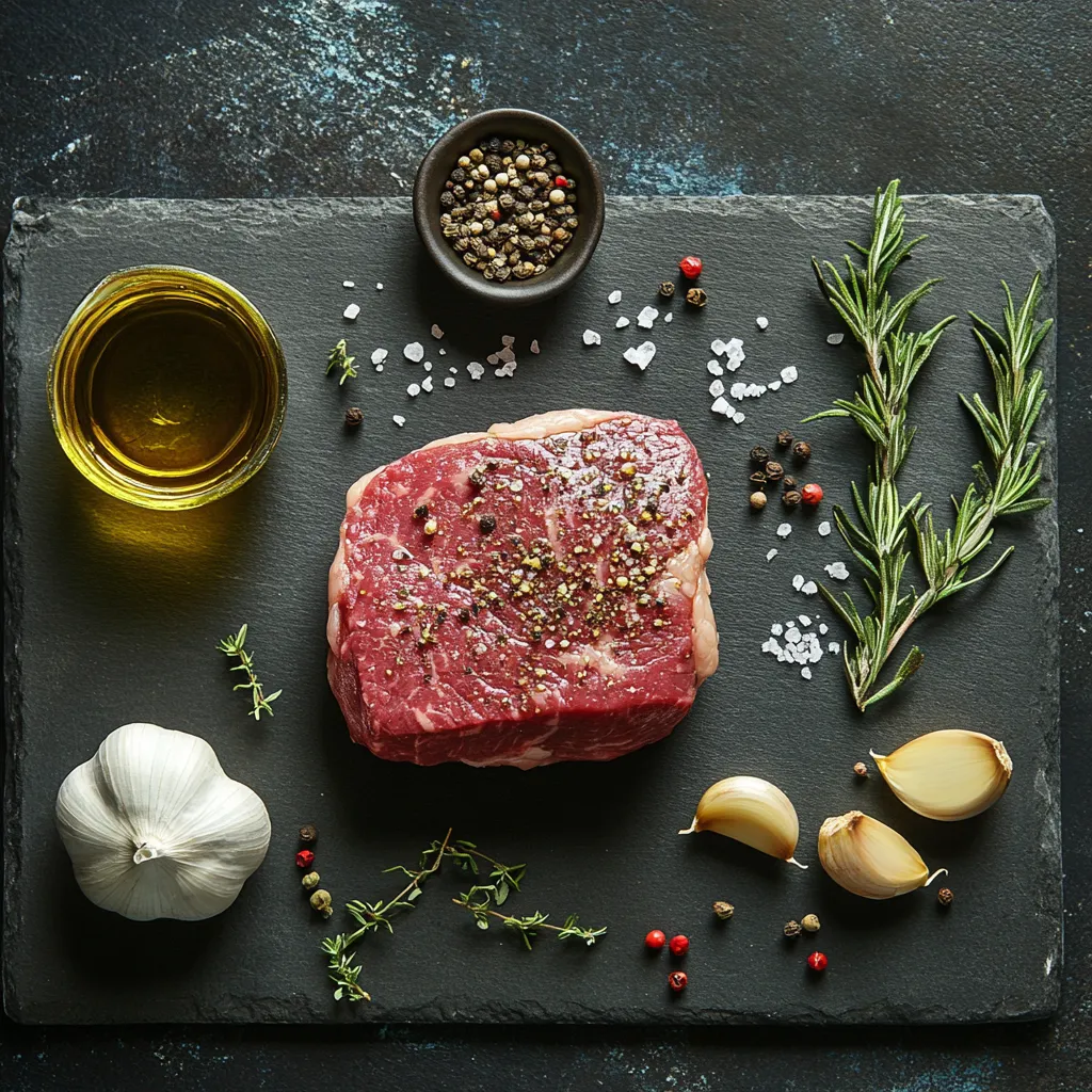 Ingredients for filet sous vide without searing — filet mignon, olive oil, garlic powder, rosemary