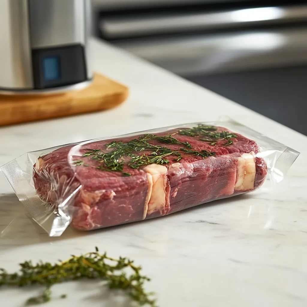 Vacuum-sealed filet mignon steak with rosemary ready for sous vide bath