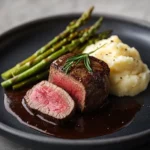 Plated sous vide filet mignon without searing, served with vegetables