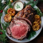 Final plated sous vide prime rib with horseradish sauce