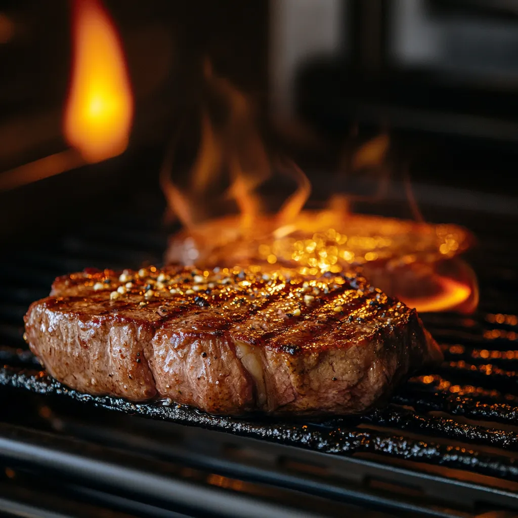 Sous vide steak under a hot broiler developing crust