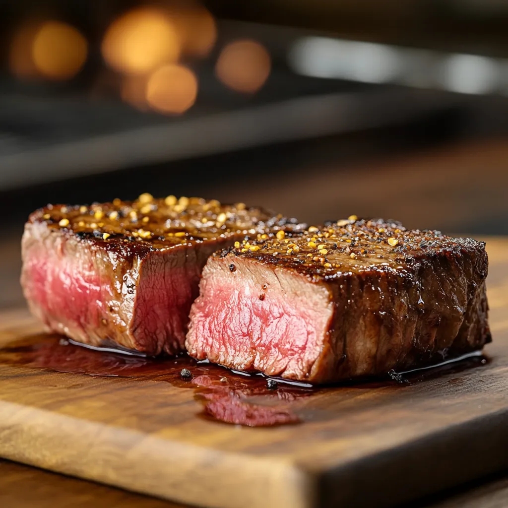 Finish sous vide steak in broiler with golden crust on cutting board