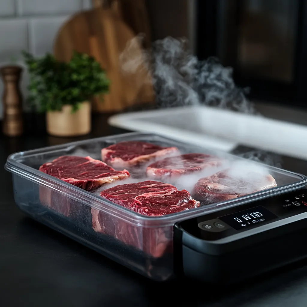 Frozen steaks cooking in sous vide water bath