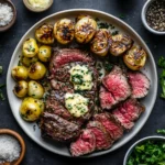 Garlic steak recipe card image with ingredients