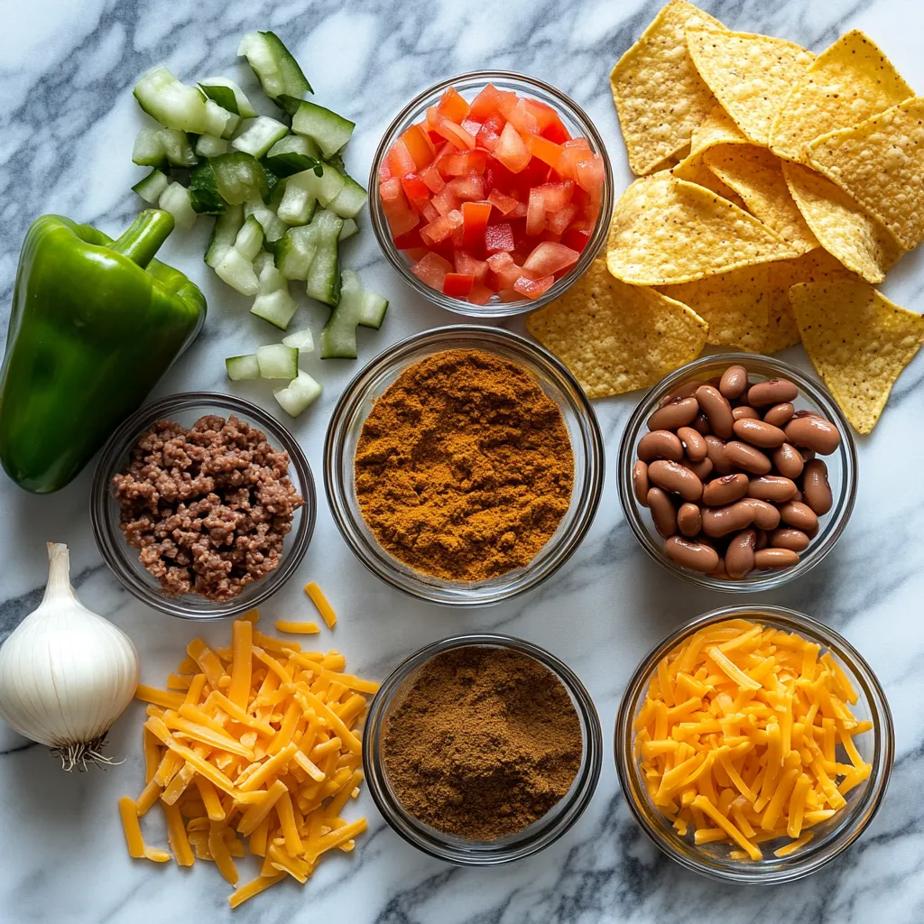 Sous Vide Ground Beef Nachos: 5 Amazing Party Reasons 7 taco seasoning spices, ground beef, and nacho ingredients laid out