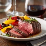 Served Medium-Rare Sous Vide Filet Mignon on a Plate