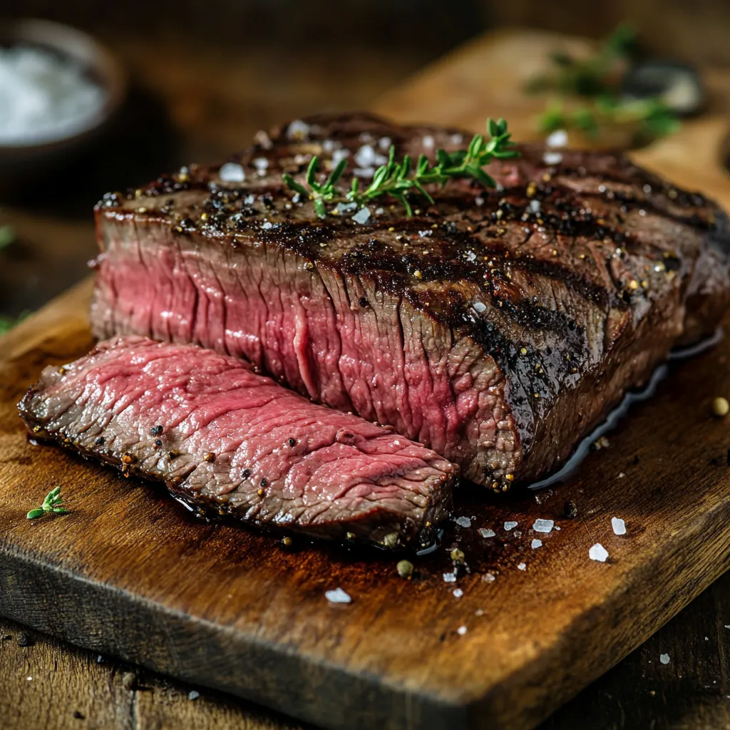 Medium-Rare Sous Vide Flank Steak perfectly sliced and served