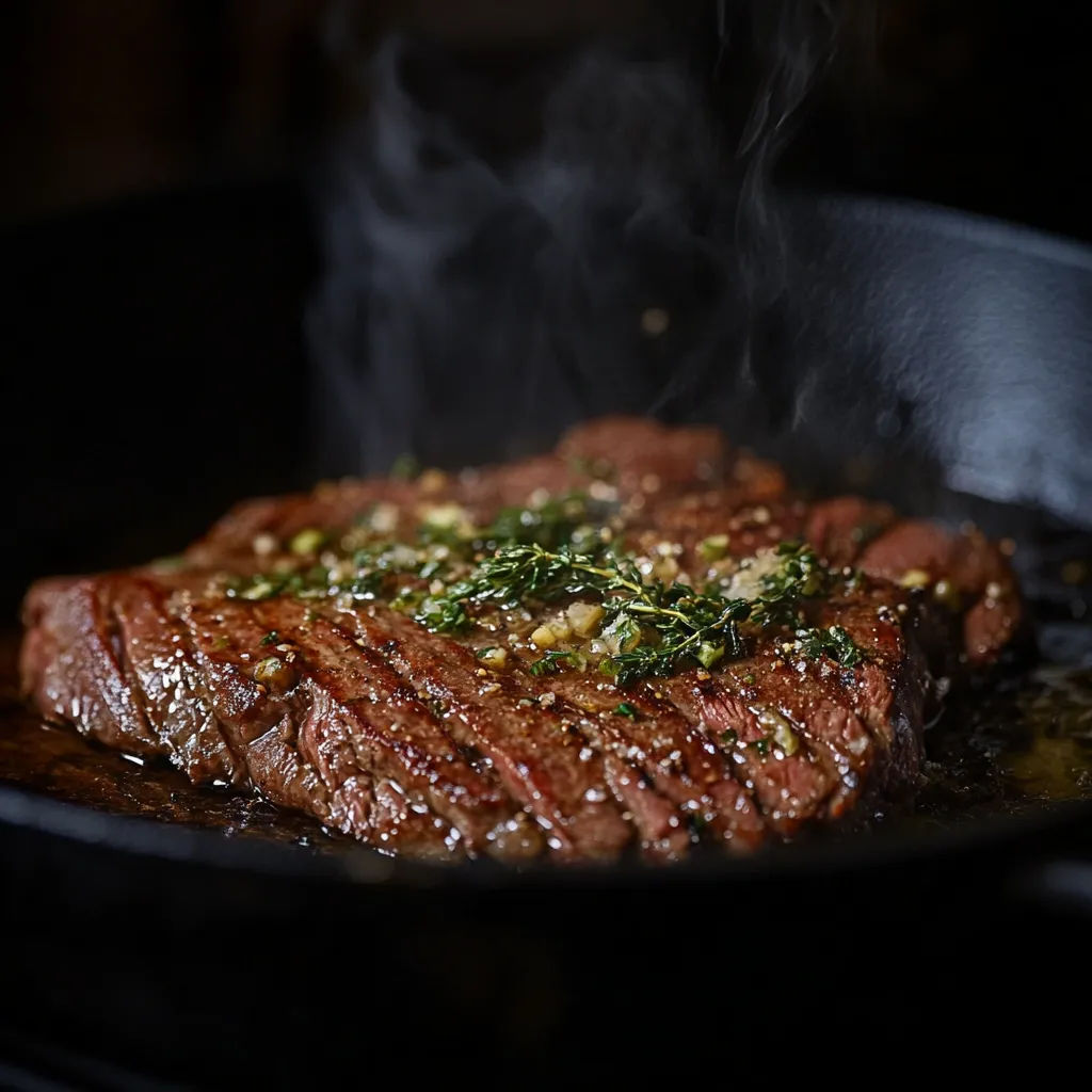 Searing sous vide flank steak in hot skillet