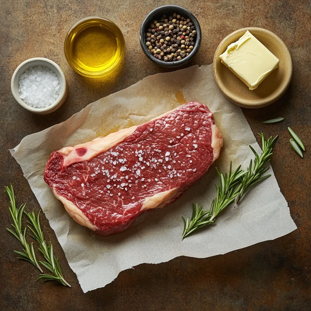 Sous Vide New York Strip Steak – 7 Easy Steps for Juicy Perfection 7 New York strip steak sous vide ingredients flat lay