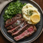 Sliced sous vide ribeye steak plated with sides