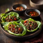Plated sous vide beef lettuce wraps with sauce