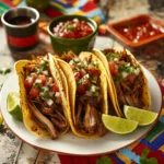 Plated sous vide carnitas tacos with lime and cilantro