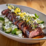 Plated sous vide lemon thyme tri-tip with fresh salad