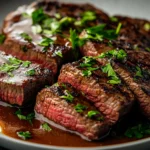 Served sliced London broil with sauce