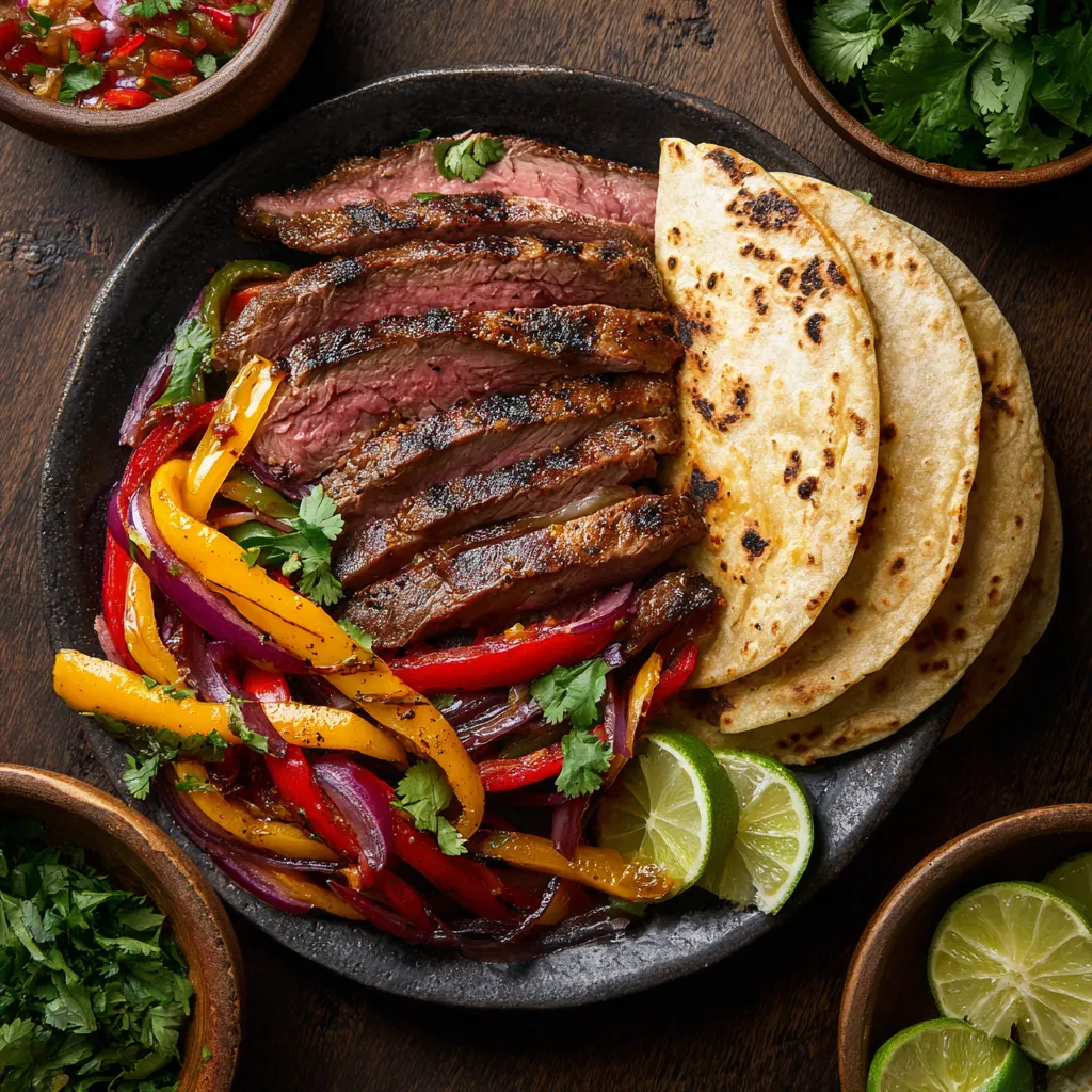 Plated picanha fajitas with tortillas