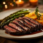 Plated sous vide steak with balsamic glaze and sides