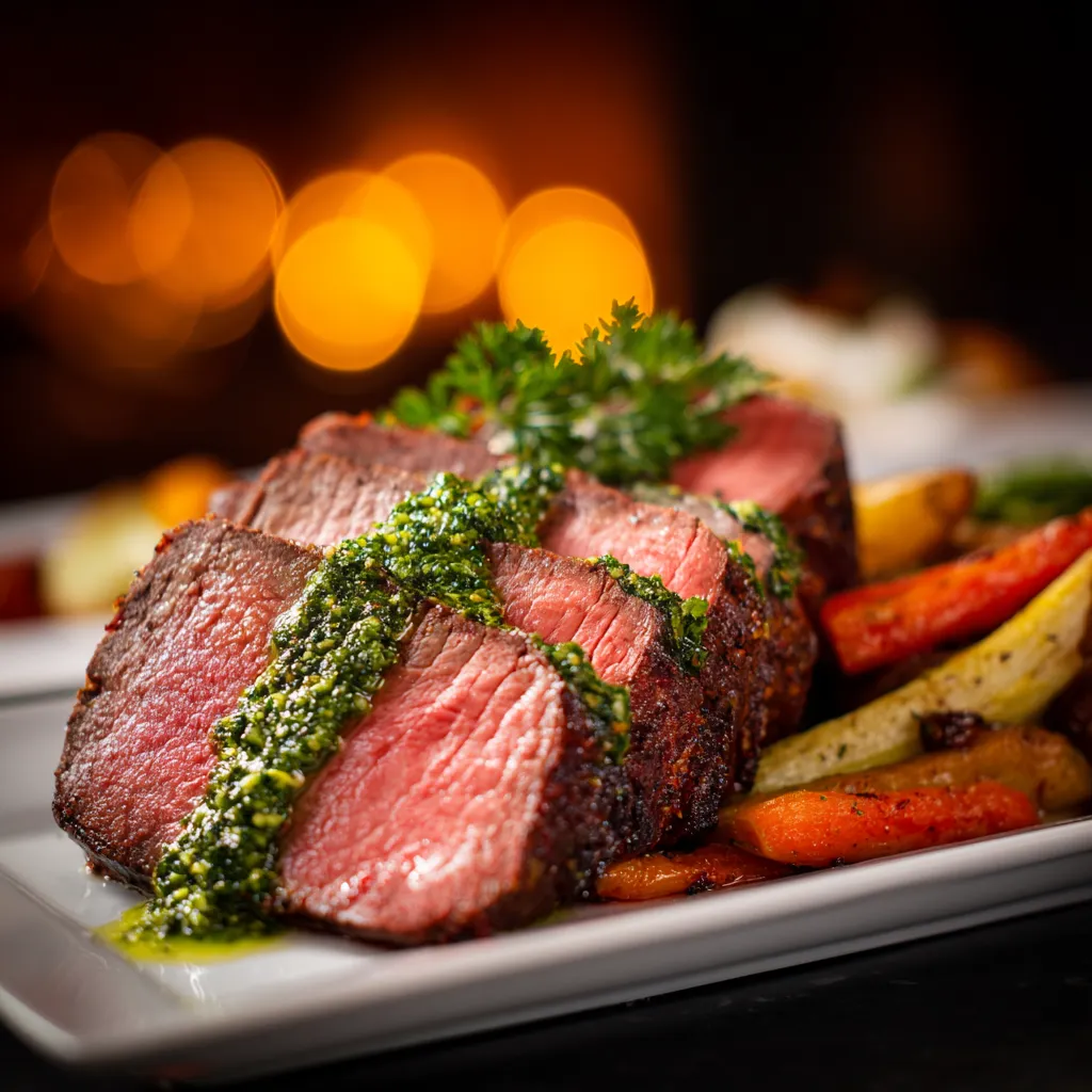 Sliced sous vide top sirloin cap served with vegetables