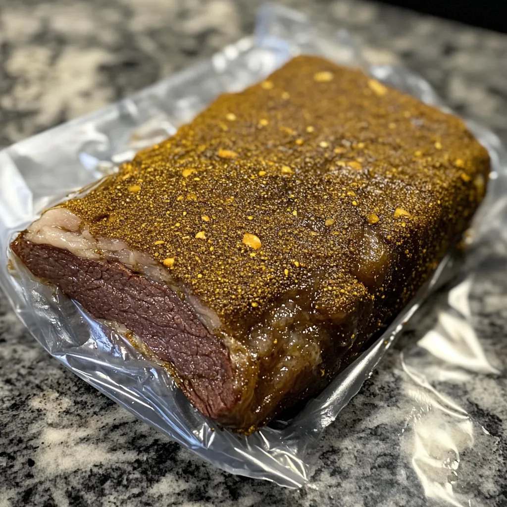 18hr Sous Vide Corned Beef – Amazing Texture in 1 Easy Recipe 9 scored and seasoned brisket for sous vide