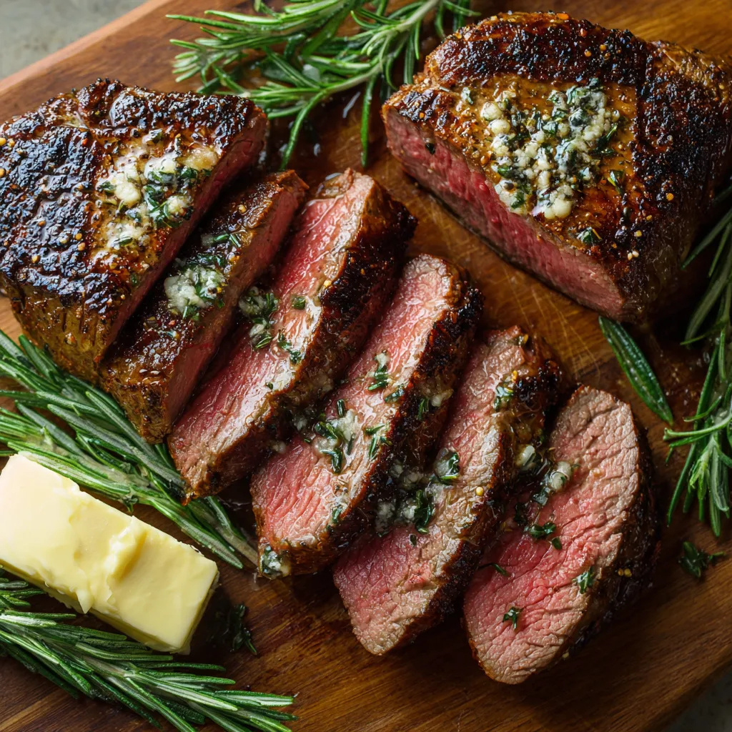 Seared Sous Vide-Style Tri-Tip Steak sliced with rosemary