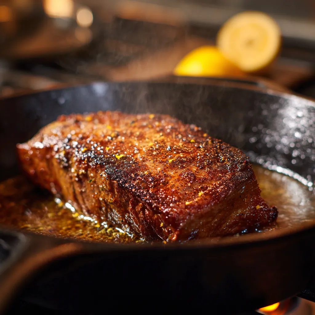 Sous Vide Lemon Thyme Tri-Tip – Zesty Flavor in 3 Simple Steps 9 Searing sous vide lemon thyme tri-tip in cast iron pan