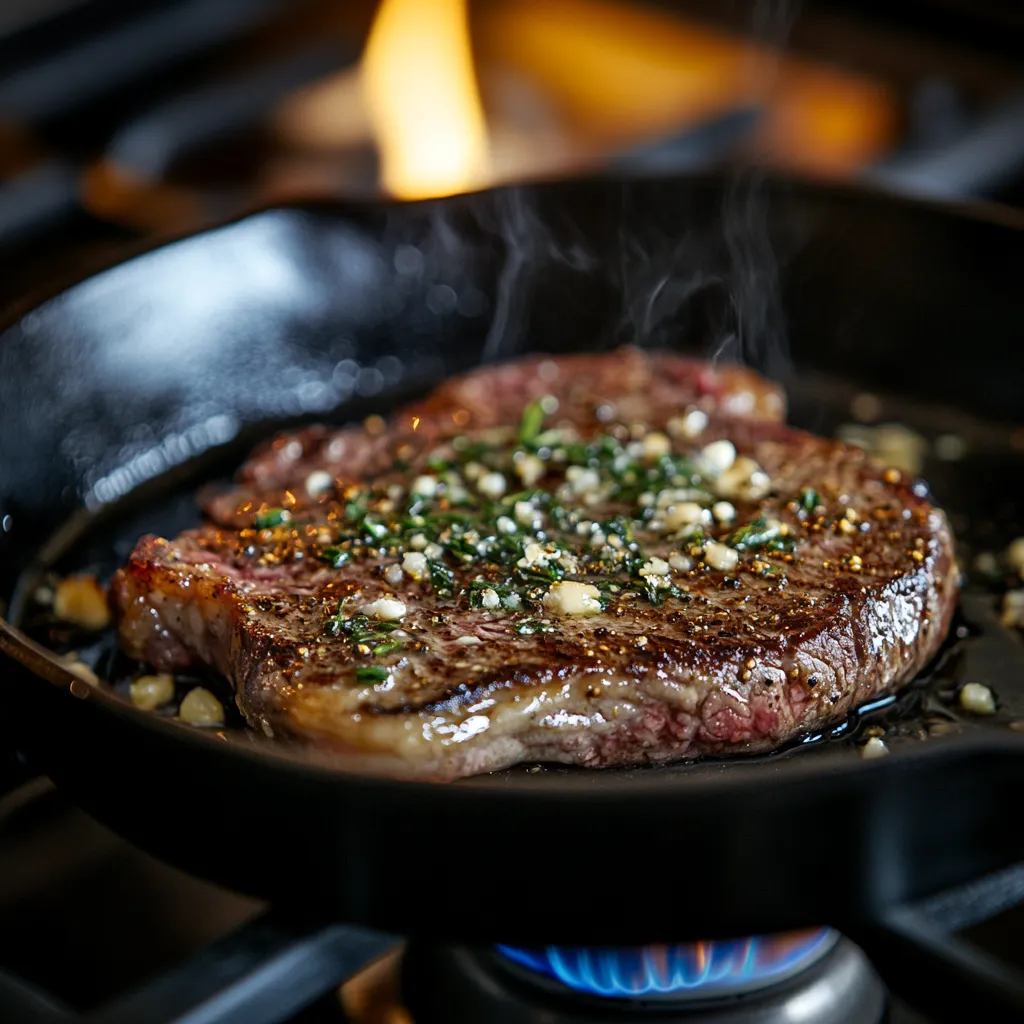 137 Ribeye Sous Vide – Amazing Medium-Rare Results in 3 Steps 9 Ribeye steak being seared in cast iron skillet