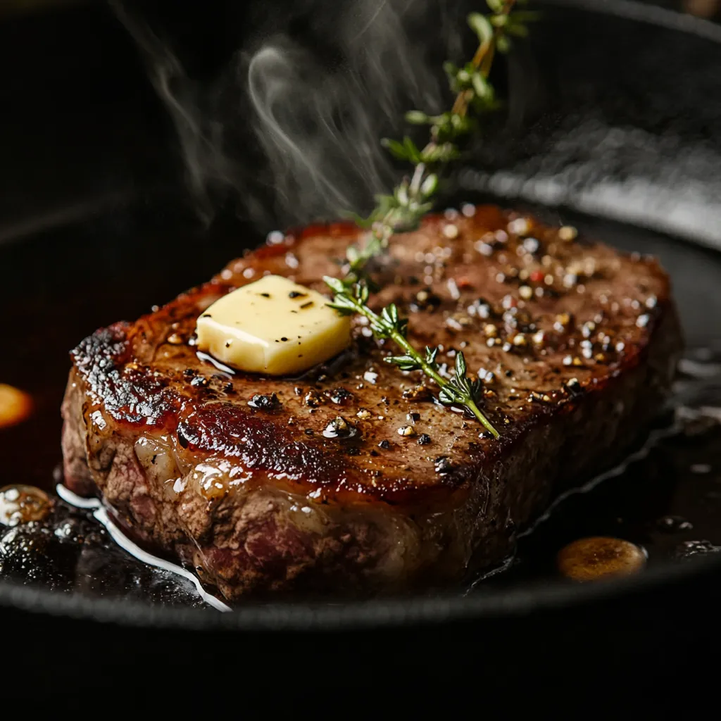 Sous Vide Steak with Balsamic Glaze – Bold Flavor, 7-Minute Glaze 9 Searing sous vide steak with balsamic glaze in cast iron pan