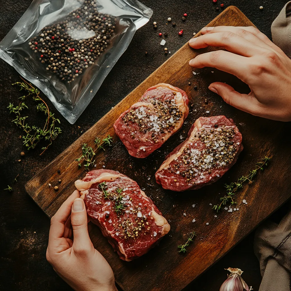 Sous Vide Steak with Balsamic Glaze – Bold Flavor, 7-Minute Glaze 8 Seasoning sous vide steak and sealing in vacuum bags