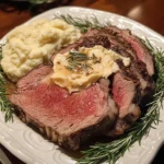 Sliced sous vide prime rib served medium rare with garlic butter