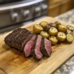 sliced sous vide tri-tip steak served with potatoes