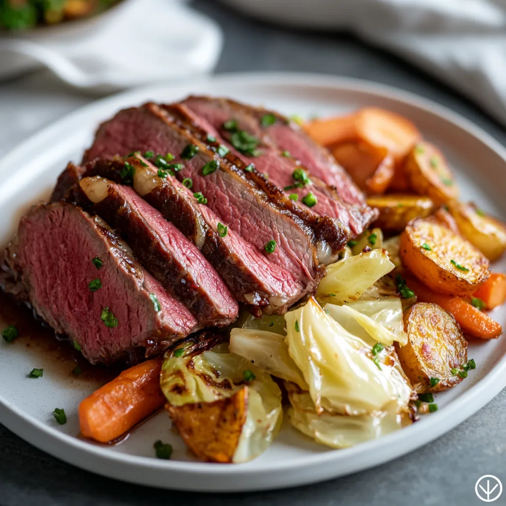 18hr Sous Vide Corned Beef That’s Tender, Juicy, and Packed With Flavor 9 Sliced corned beef with roasted cabbage and carrots