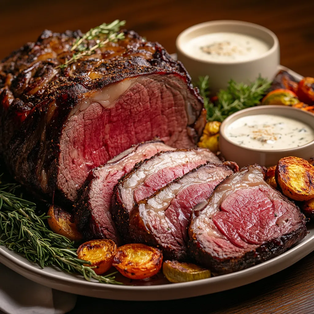 Sous Vide Prime Rib with Horseradish Sauce: 5 Unbeatable Secrets 9 Sliced sous vide prime rib with sauce and sides