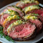 sliced sous vide prime rib plated
