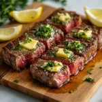 Sliced cowboy steak with cowboy butter served on cutting board