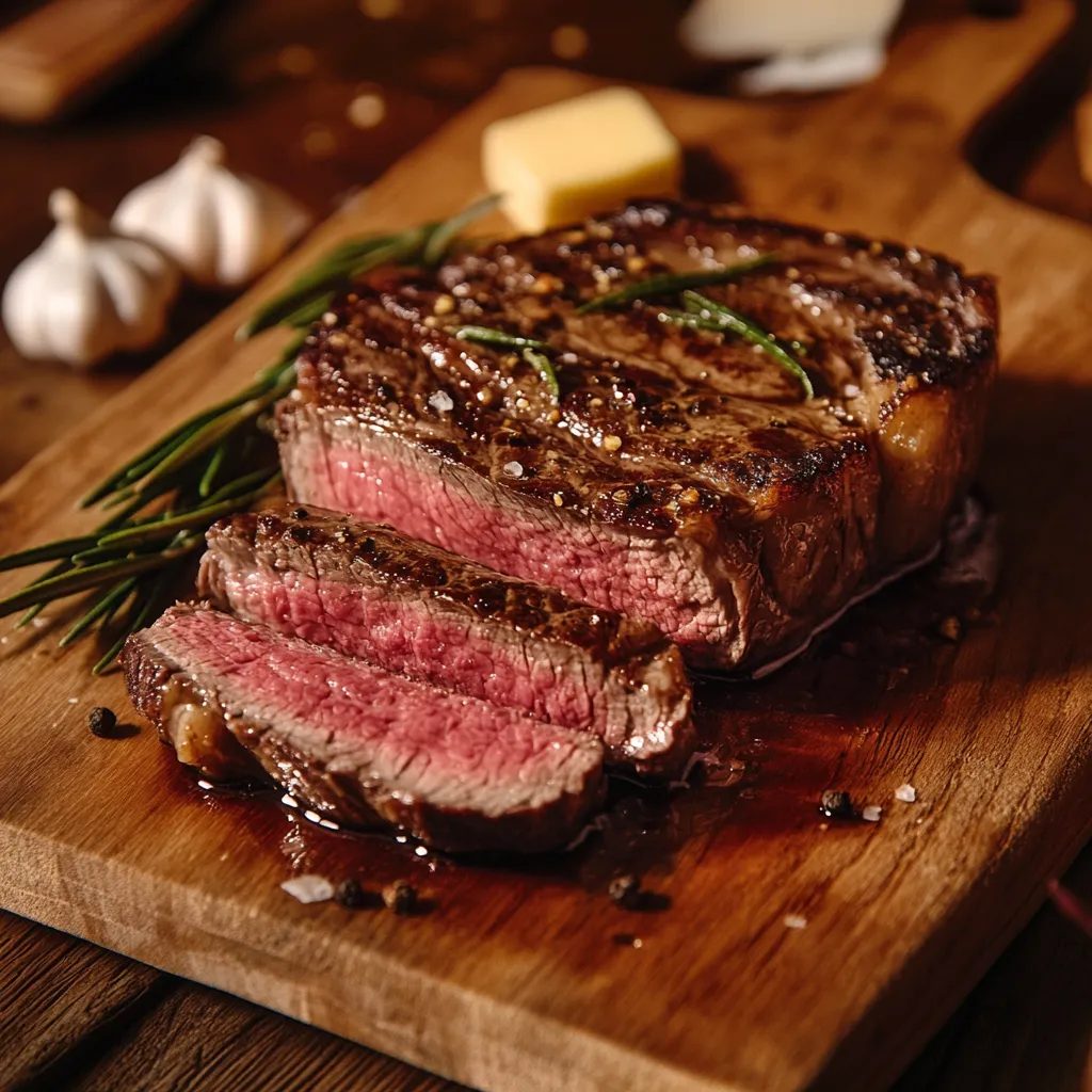 2 inch ribeye sous vide medium-rare steak sliced