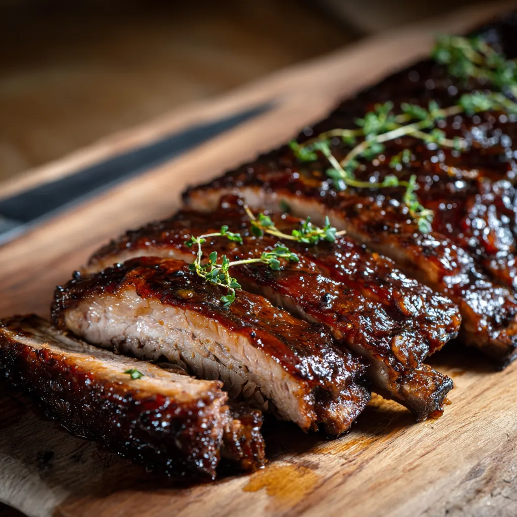 sous vide beef baby back ribs glazed sliced on board