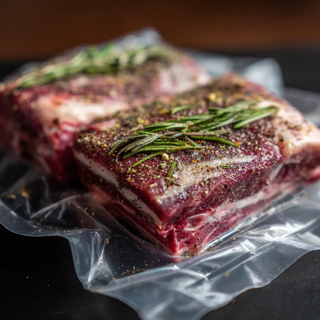 Sous Vide Beef Baby Back Ribs | Amazing 3-Step Recipe | Tender & Juicy 8 seasoned beef back ribs sealed sous vide bag
