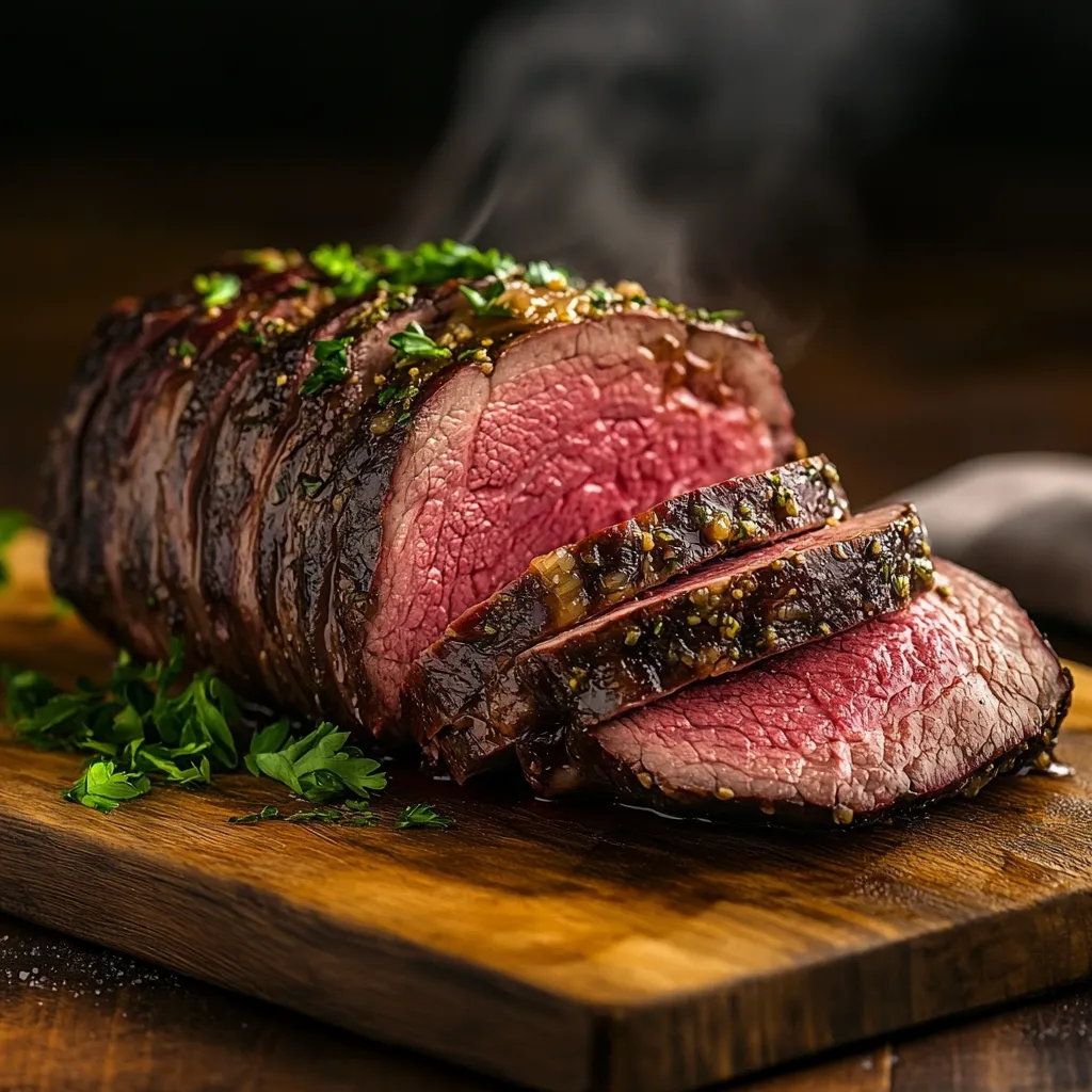 Sous vide beef chuck roast sliced with bark crust